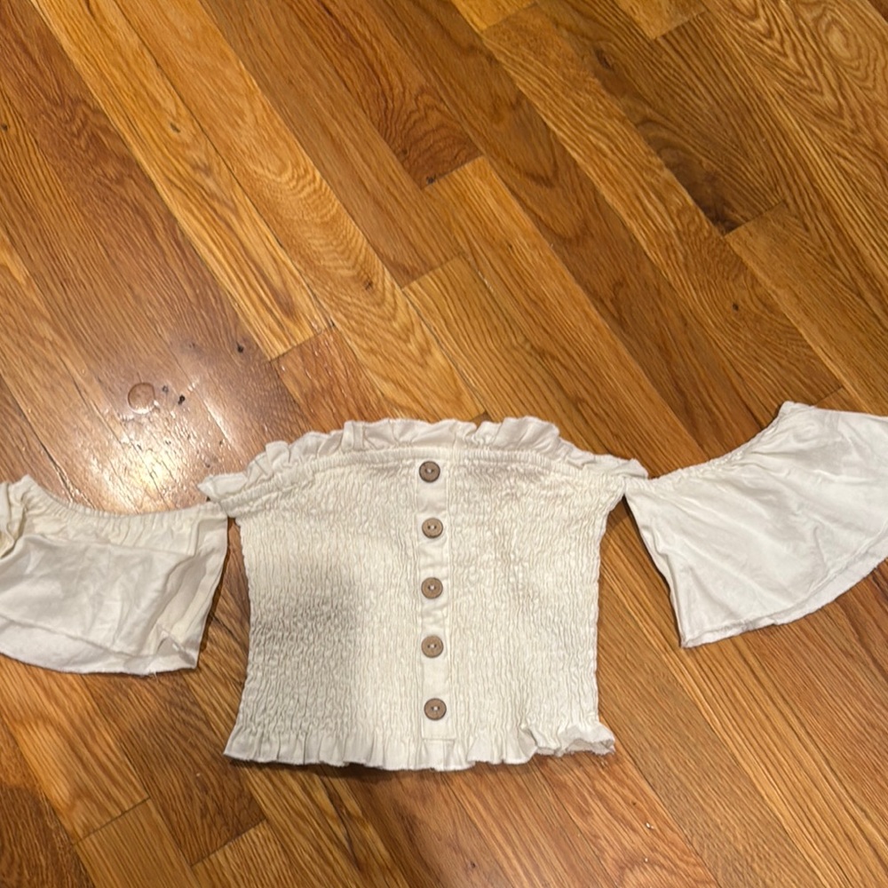 Vintage Havana Cream Ruffled Off-the-Shoulder Blouse